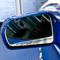 Corvette C7 2pc Side View Mirror Trim "CORVETTE" Script Auto-Dim